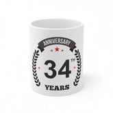 White ceramic 34th anniversary coffee mug, 11oz capacity, 330ml
